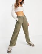 Asos Design Low Rise 'relaxed' Dad Pant In Washed Khaki Linen-green