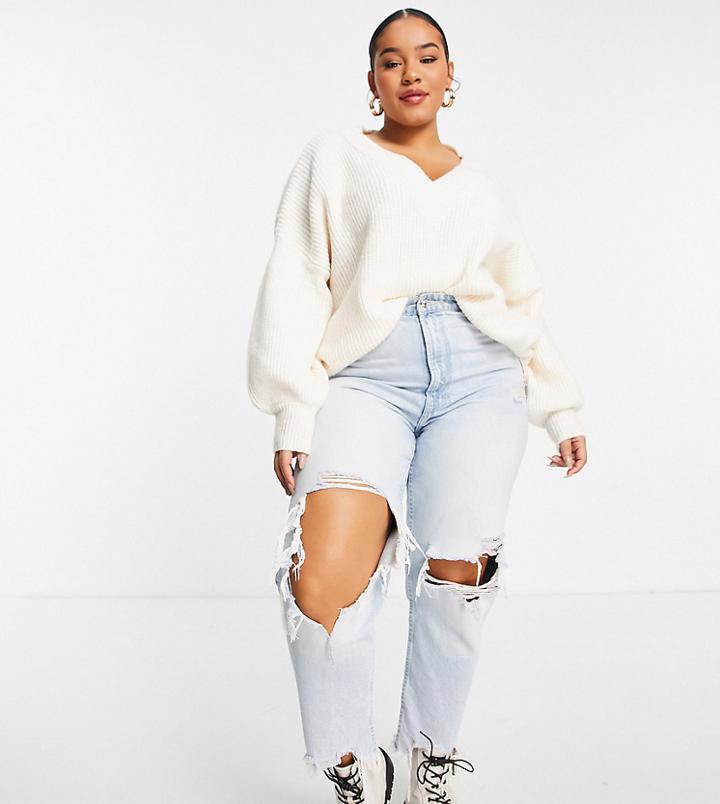Asos Design Curve V Neck Fluffy Sweater In Cream-white