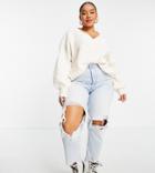 Asos Design Curve V Neck Fluffy Sweater In Cream-white