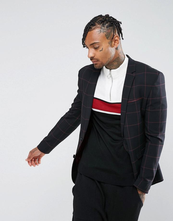 Asos Super Skinny Blazer In Navy With Burgundy Check - Navy