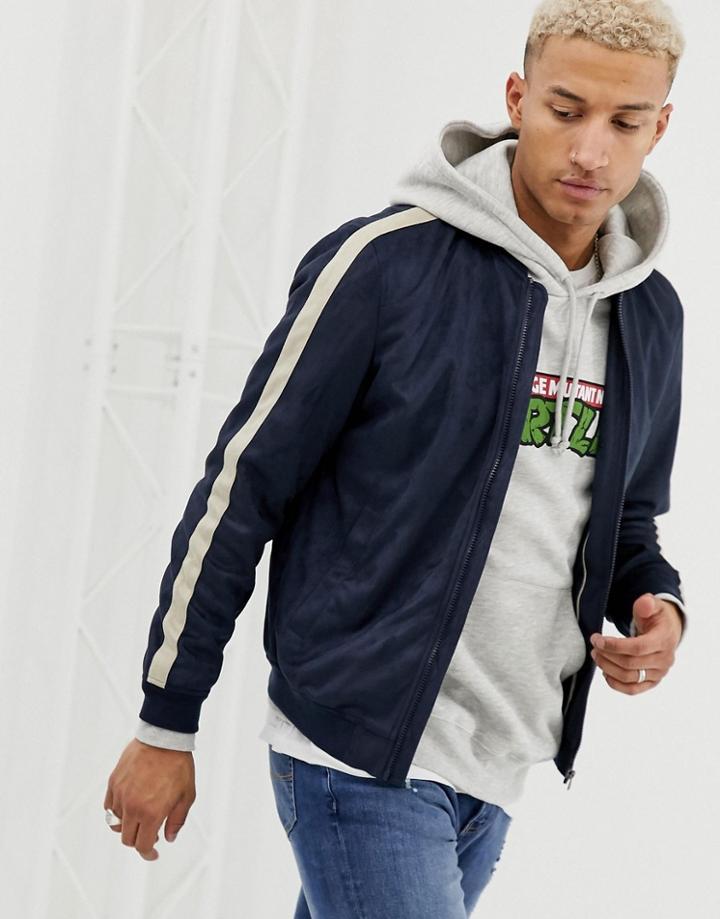 Pull & Bear Faux Suede Bomber With Side Stripe - Navy