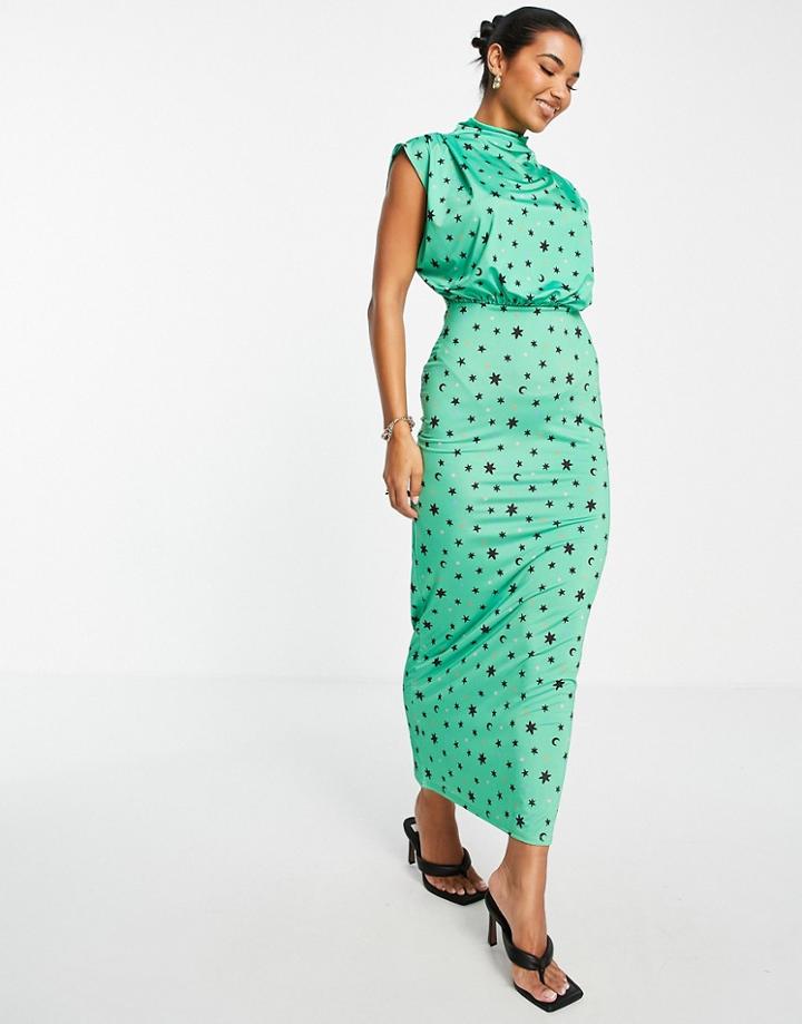 Asos Design Drape Neck Sleeveless Maxi Dress In Emerald Green Star Print