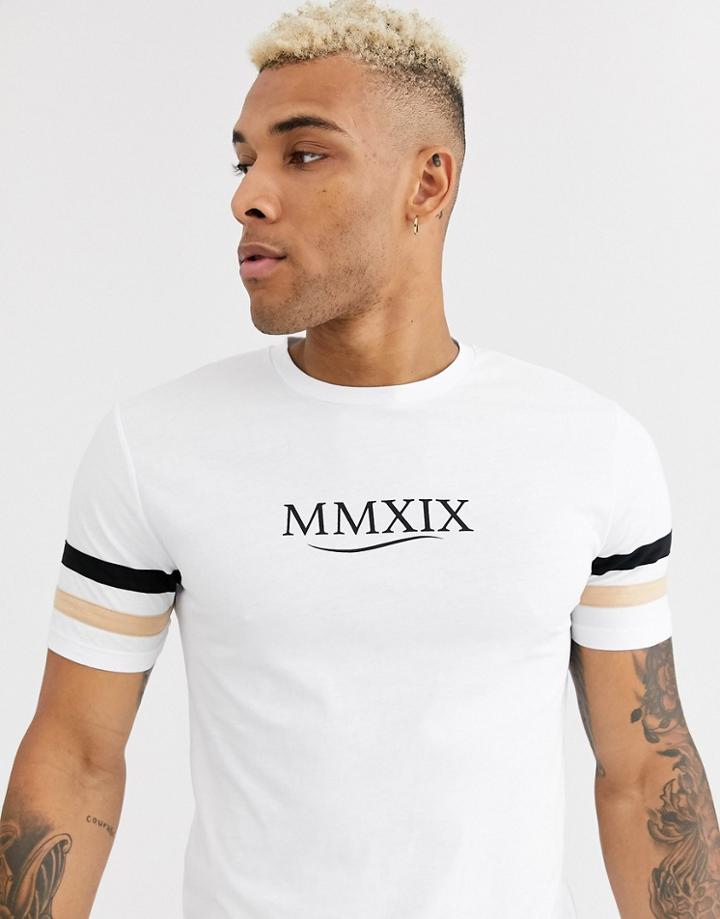 Asos Design T-shirt With Sleeve Stripe And Roman Numeral Print-white