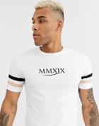 Asos Design T-shirt With Sleeve Stripe And Roman Numeral Print-white