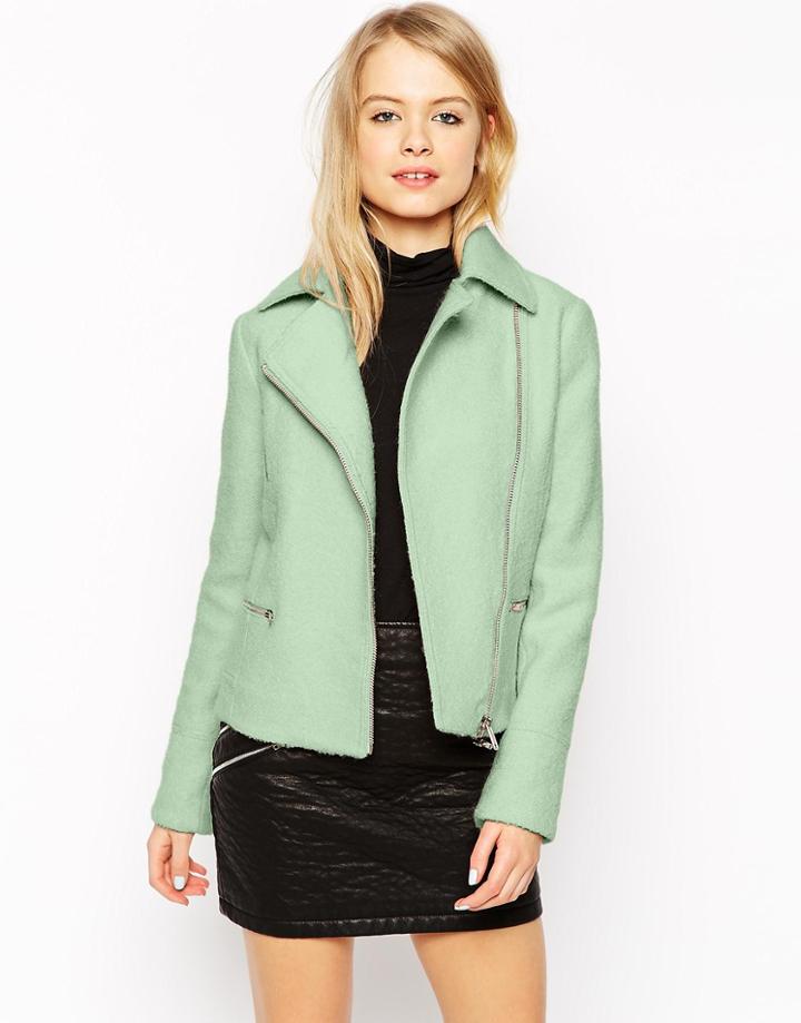 Asos Biker Jacket In Wool With Zip Detail - Mint