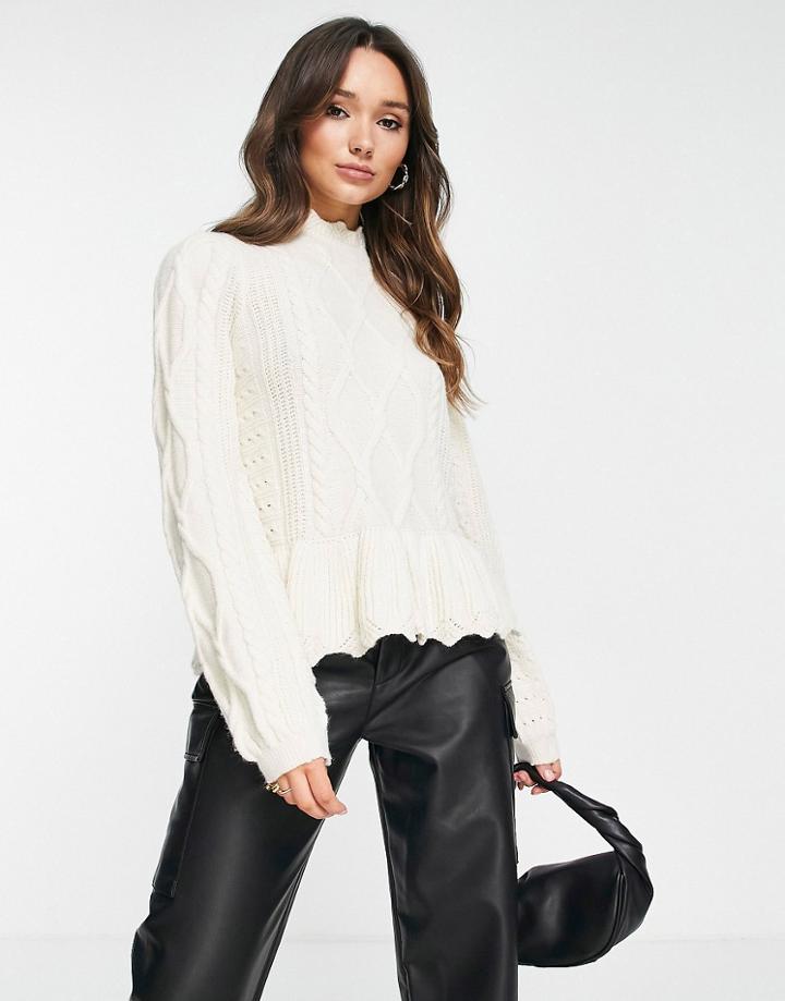 Vero Moda Cable Knit Peplum Sweater In Cream-white
