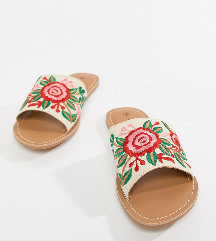 London Rebel Wide Fit Embroidered Slides - Cream