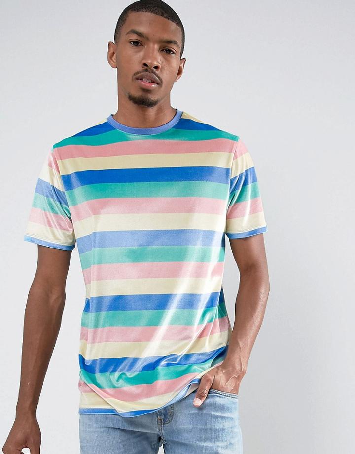 Asos Longline T-shirt In Velour Pastel Stripe - Multi