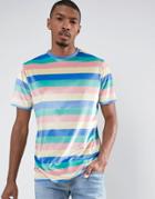 Asos Longline T-shirt In Velour Pastel Stripe - Multi