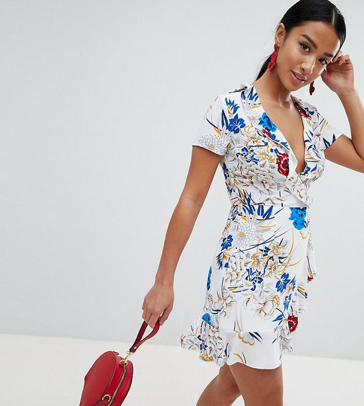 Missguided Petite Frill Floral Dress - White