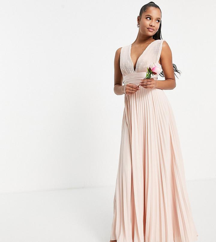 Asos Design Petite Bridesmaid Pleated Cami Maxi Dress With Satin Wrap Waist In Blush-pink