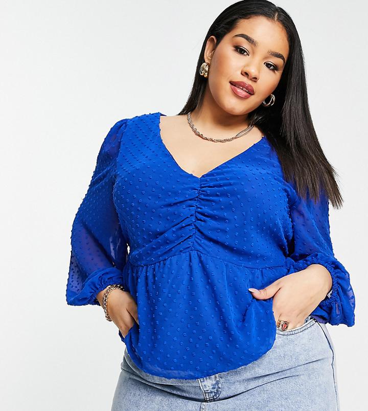 River Island Plus Satin Spot Tea Blouse In Blue-blues