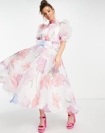 Forever U Puff Sleeve Floral Midi Dress In White