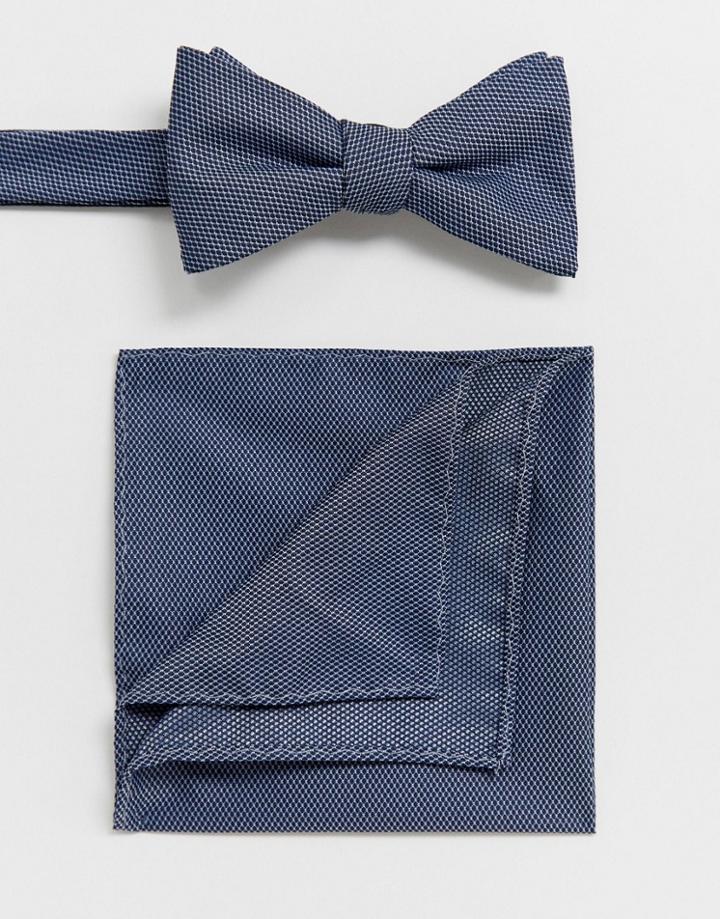 Selected Homme Wedding Bow Tie And Pocket Square Set In Blue Texture - Navy