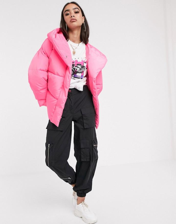 Asos Design Bubblegum Wrap Hooded Puffer Jacket In Pink