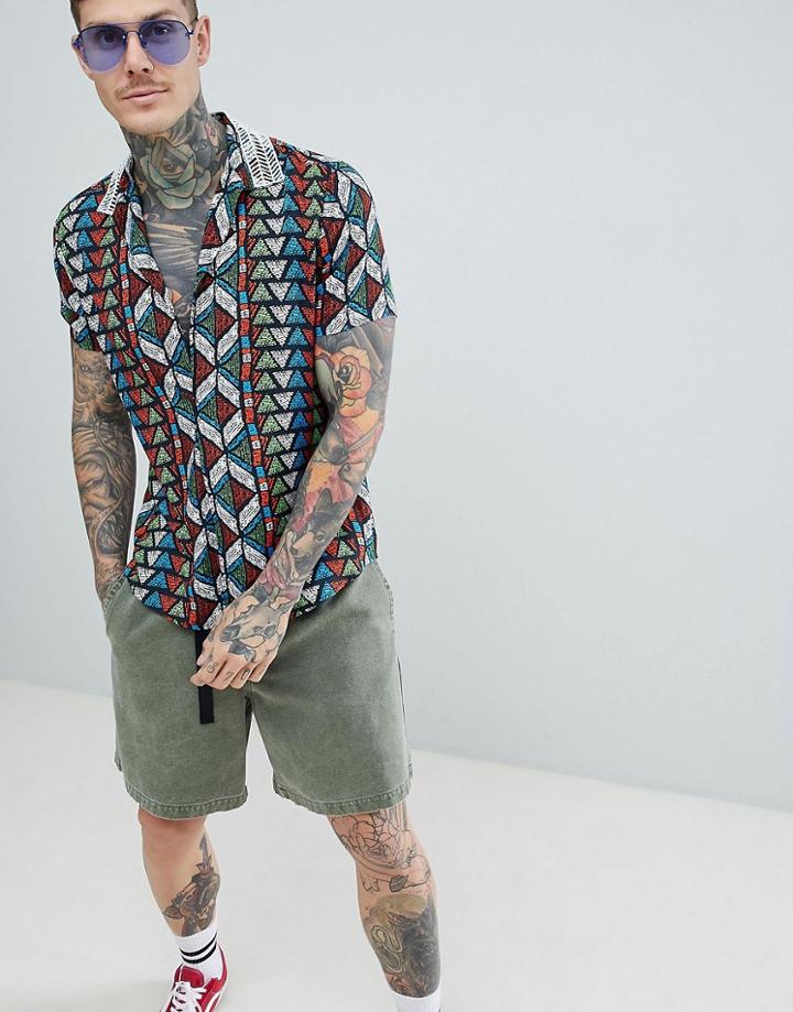 Asos Design Festival Overhead Shirt In Geo-tribal Print With Beaded Collar - Multi