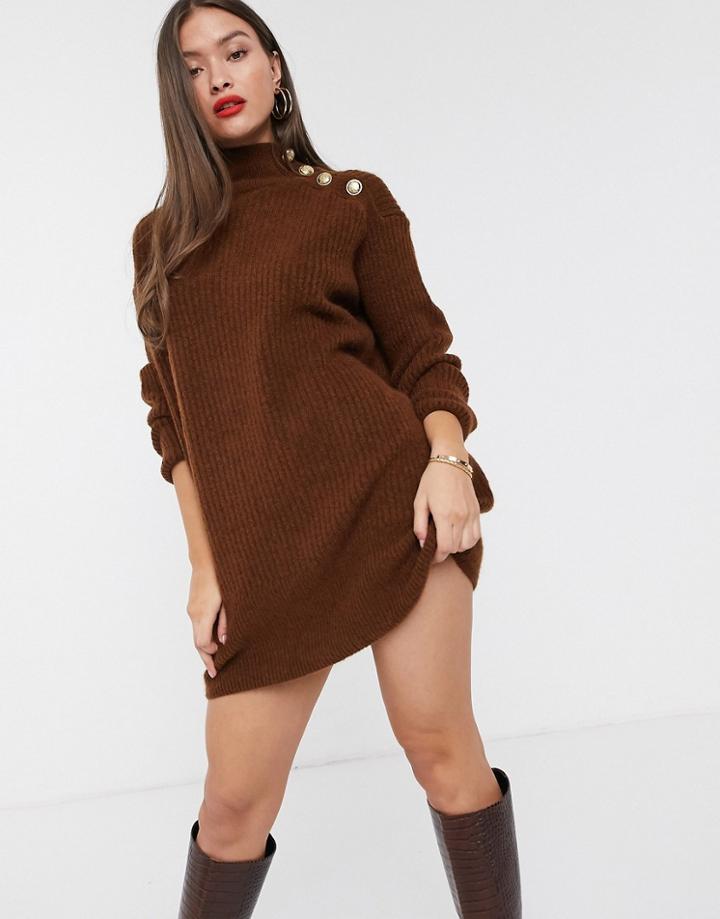 River Island High Neck Sweater Dress With Buttoned Shoulder In Toffee-brown