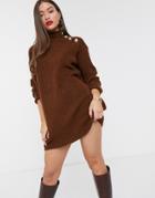 River Island High Neck Sweater Dress With Buttoned Shoulder In Toffee-brown