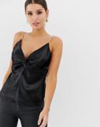 Asos Design Satin Cami With Twist Front Detail And Embellished Straps - Black