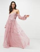 Maya Bardot Long Sleeve Tulle Maxi Dress With Tonal Delicate Floral Sequin In Rose Pink