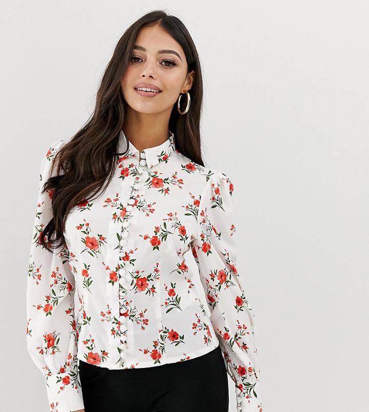 Fashion Union Petite Button Front Shirt Infloral - White