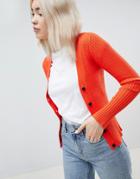 Asos Design Cardigan In Fine Knit Rib With Buttons - Red