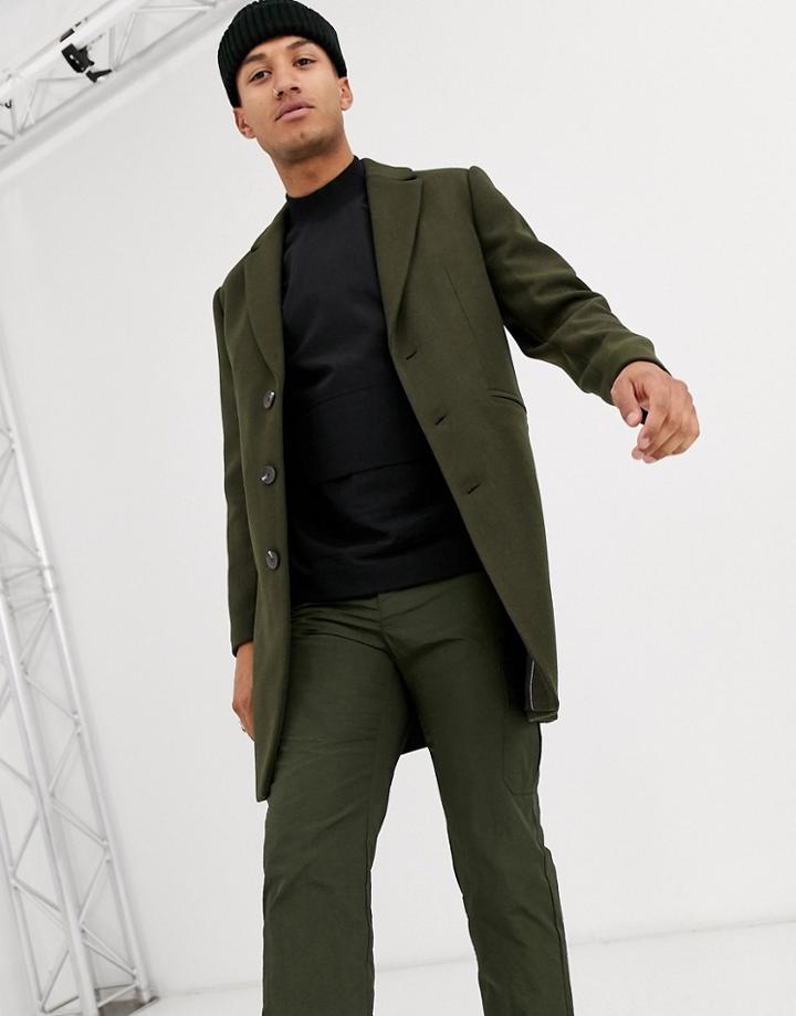 Asos Design Wool Mix Overcoat In Khaki-green