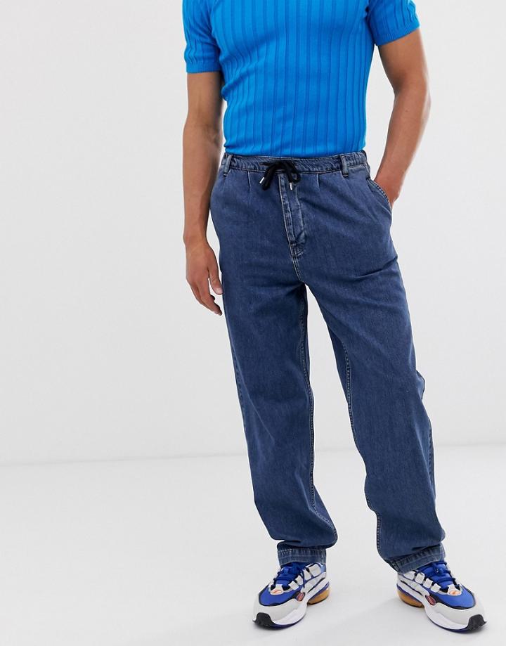 Asos Design High Waisted Jeans With Elasticated Waist In Dark Wash Blue