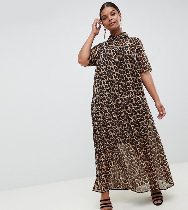 Asos Design Curve Pleated Maxi Shirt Dress In Leopard Print - Multi