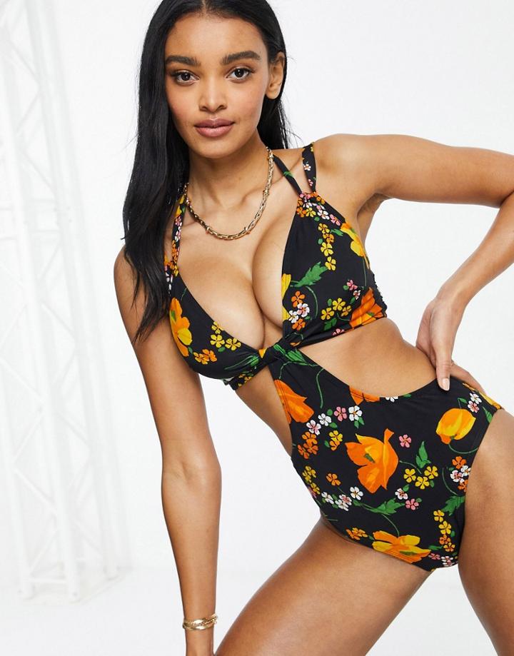 Asos Design Fuller Bust Twist Front Cut Out Swimsuit In Enchanted Floral Print-multi