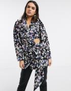 Asos Design Satin Drape Tie Waist Long Line Blazer Dress In Floral-multi