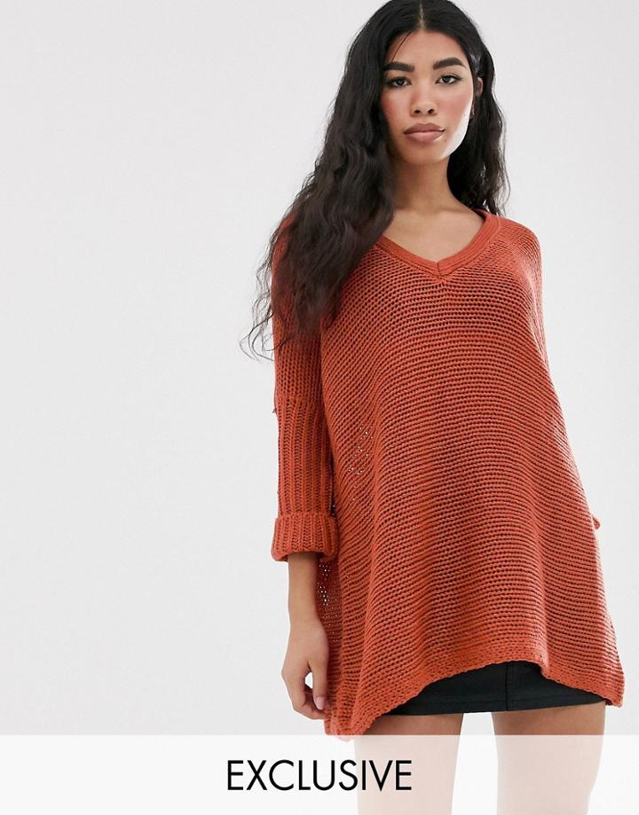 Noisy May Oversized V Neck Sweater-brown