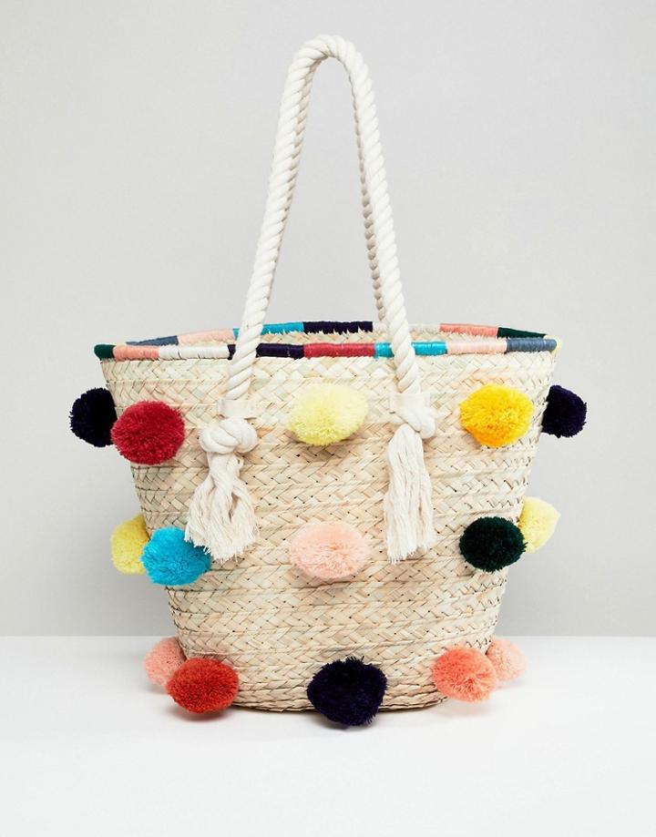 Park Lane Handmade Structured Pom Pom Straw Beach Bag - Multi