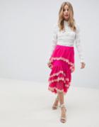 Asos Design Dobby Chiffon Midi Skirt With Lace Trim - Pink