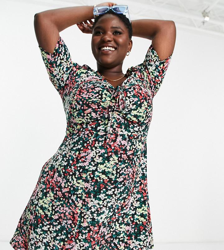 The Frolic Plus Tea Dress With Ruched Bust In Vintage Floral-multi
