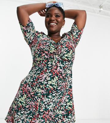 The Frolic Plus Tea Dress With Ruched Bust In Vintage Floral-multi