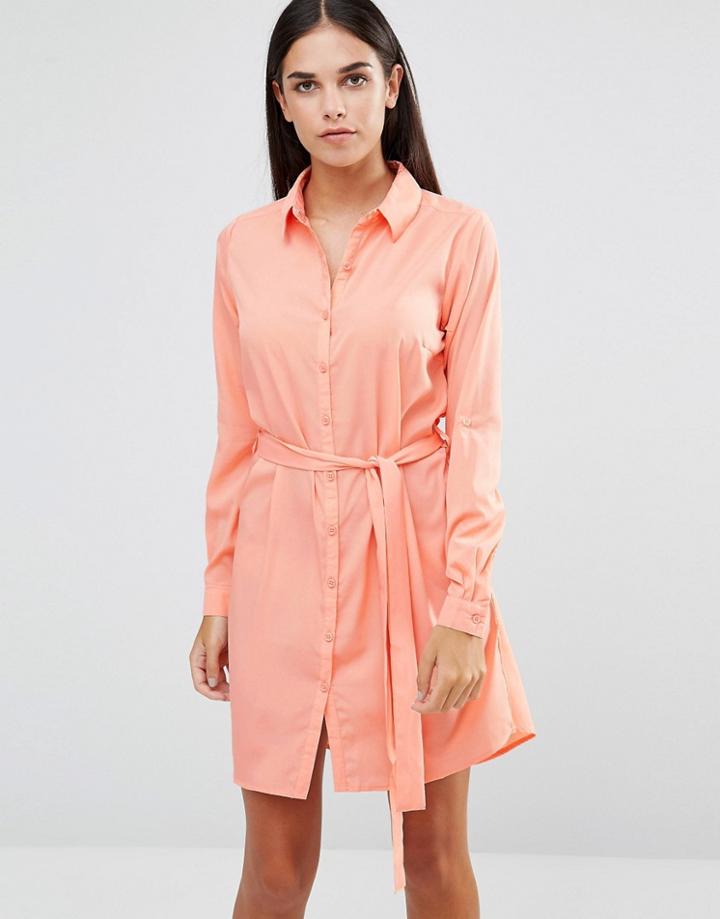 Ax Paris Tie Waist Shirt Dress - Pink