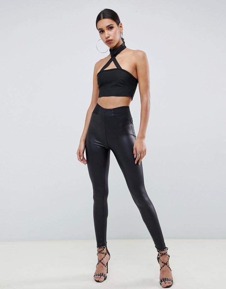 Asos Design Leather Look Leggings With Elastic Slim Waist-black