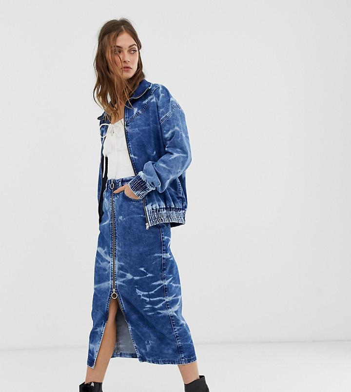See You Never Acid Wash Zip Through Midi Skirt - Blue