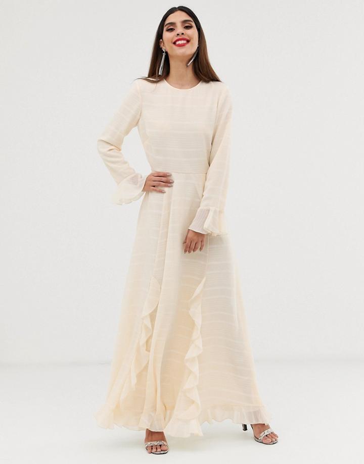 Asos Design Maxi Dress With Frills In Self Stripe - Cream