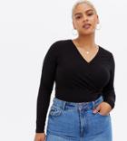 New Look Curve Long Sleeve Rib Wrap Jersey Top In Black