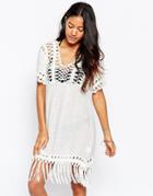 Liquorish Crochet Knit Detail Beach Dress With Tassel Hem - White