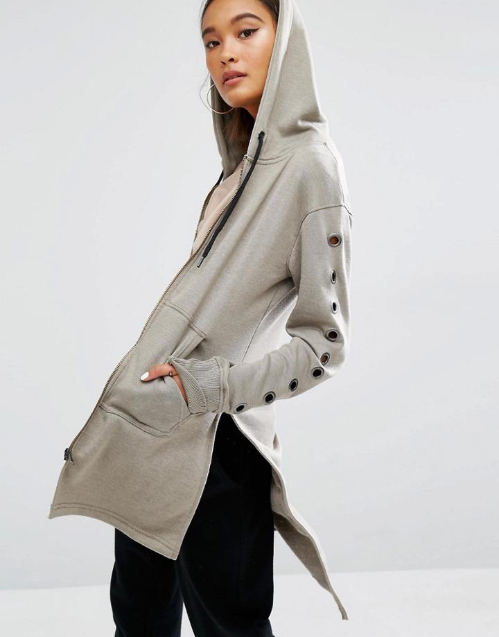 Daisy Street Longline Hoodie With Arm Detail And Pockets - Khaki