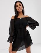 Asos Design Off Shoulder Tiered Pleated Beach Cover Up In Black - Black