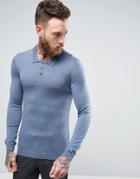 Asos Merino Knitted Polo In Muscle Fit - Blue