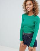 Asos Design Ribbed Sweater In Fine Knit - Green