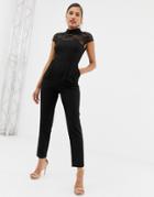 Asos Design Lace Top Jumpsuit With Collar-black