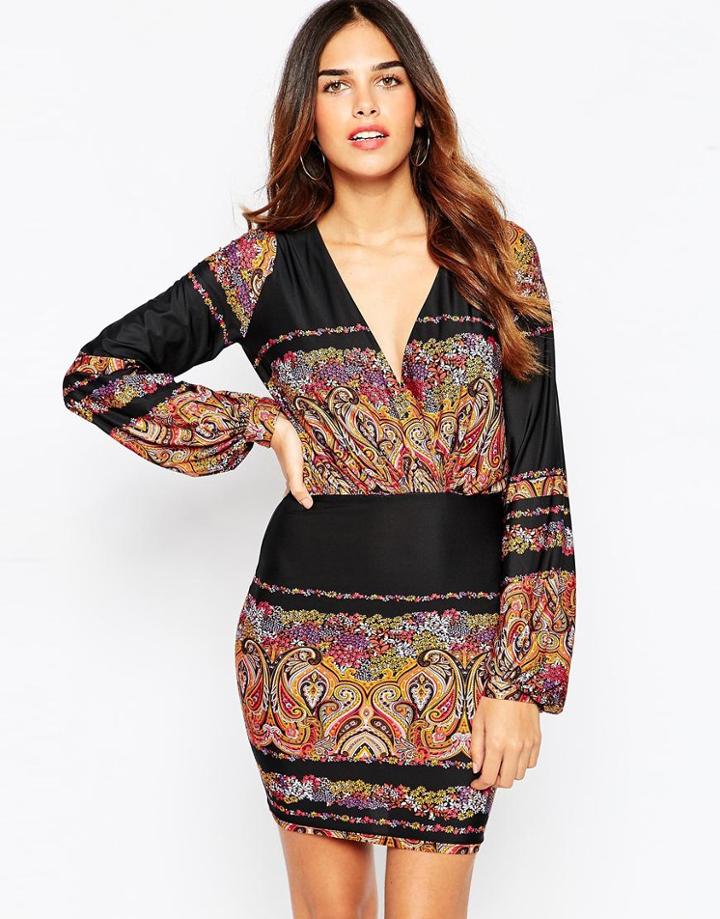 Asos Ditsy Wrap Blouson Mini Dress - Multi