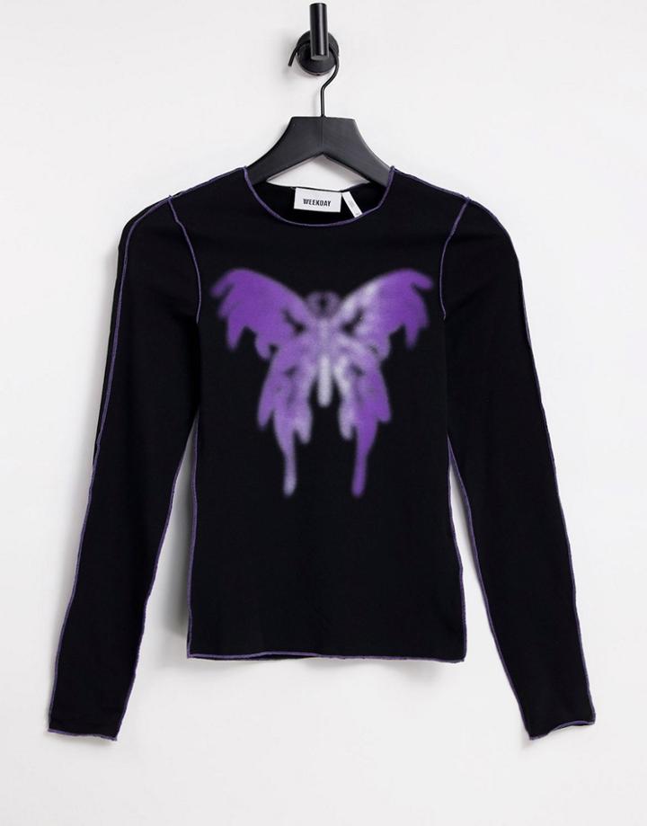 Weekday Comfy Cotton Long Sleeve T-shirt With Butterfly Print In Black