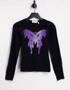 Weekday Comfy Cotton Long Sleeve T-shirt With Butterfly Print In Black